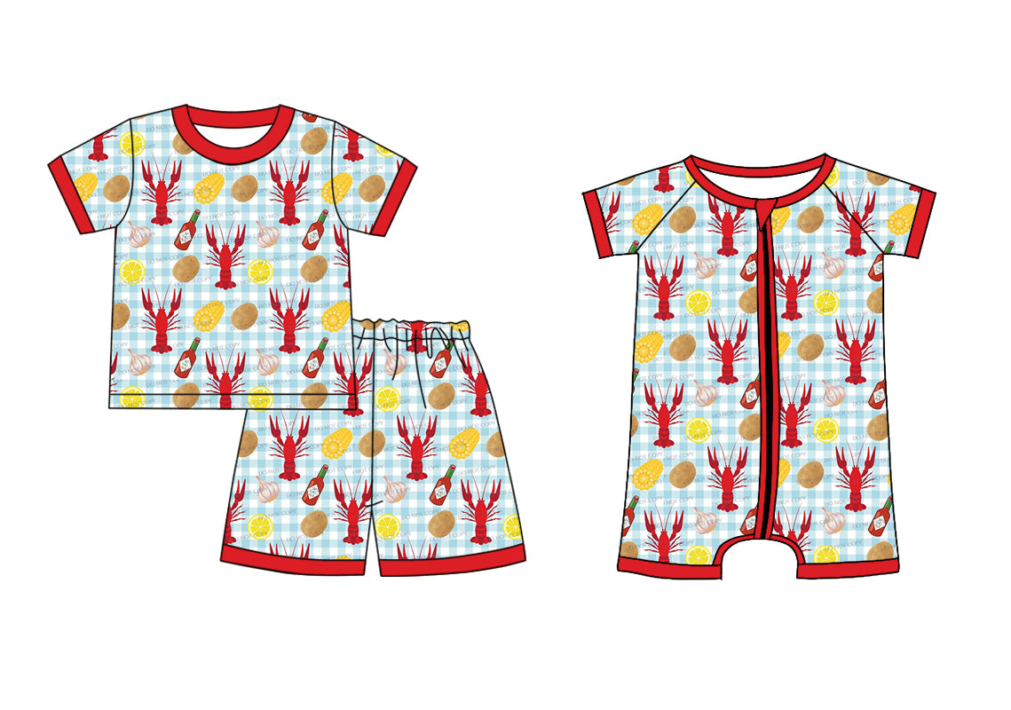 Children Boy Short Sleeves Crawfish Checkered Sibling Romper Clothes Set ( Moq 5 Each Design ) 12.2