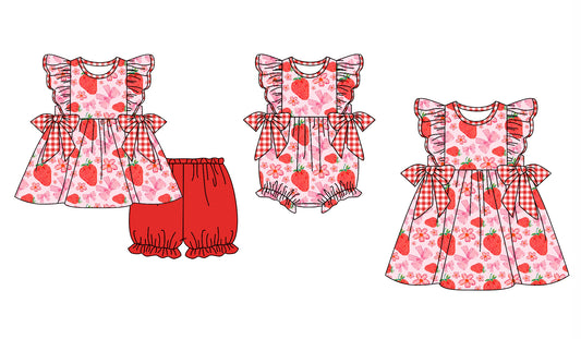 Baby Girl Short Sleeves Strawberry Bows Flower Sibling Romper Dress Clothes Set ( Moq 5 Each Design ) 11.30