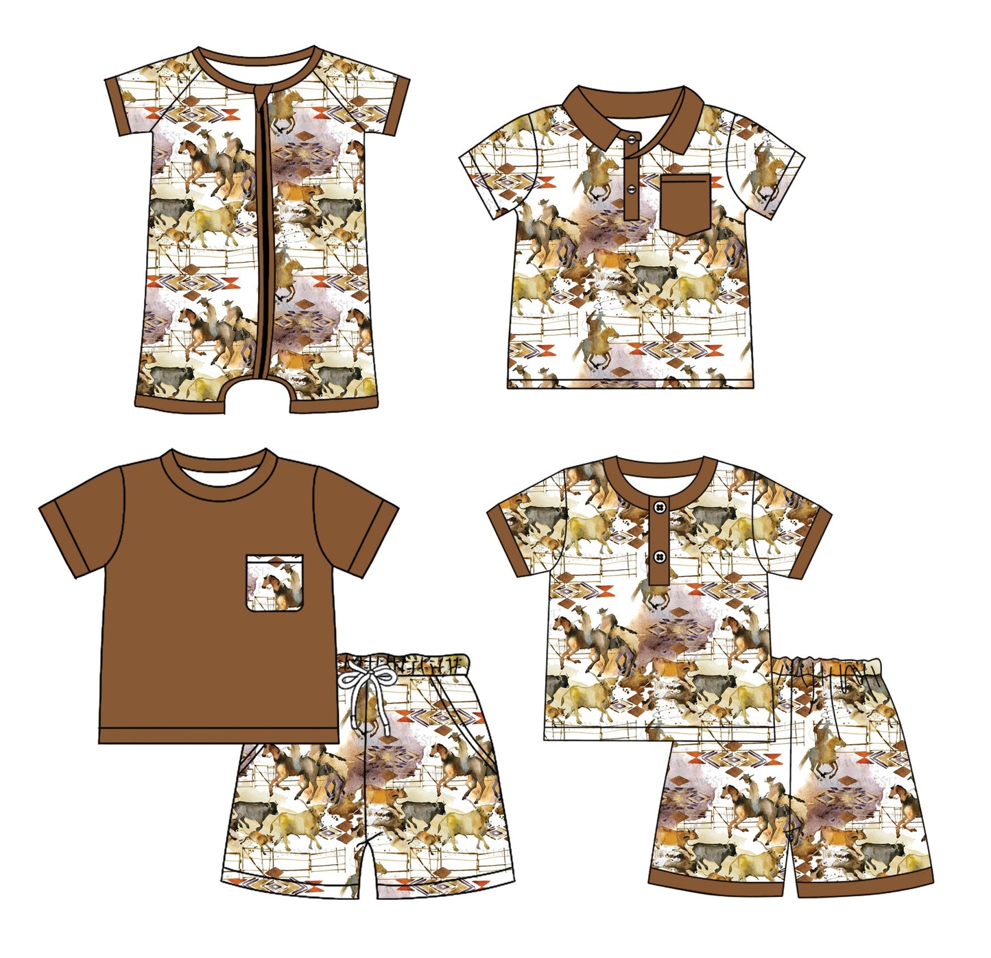 Baby Boy Short Sleeves Western Rodeo Aztec Sibling Romper Shirt Set ( Moq 5 Each Style ) 3.19