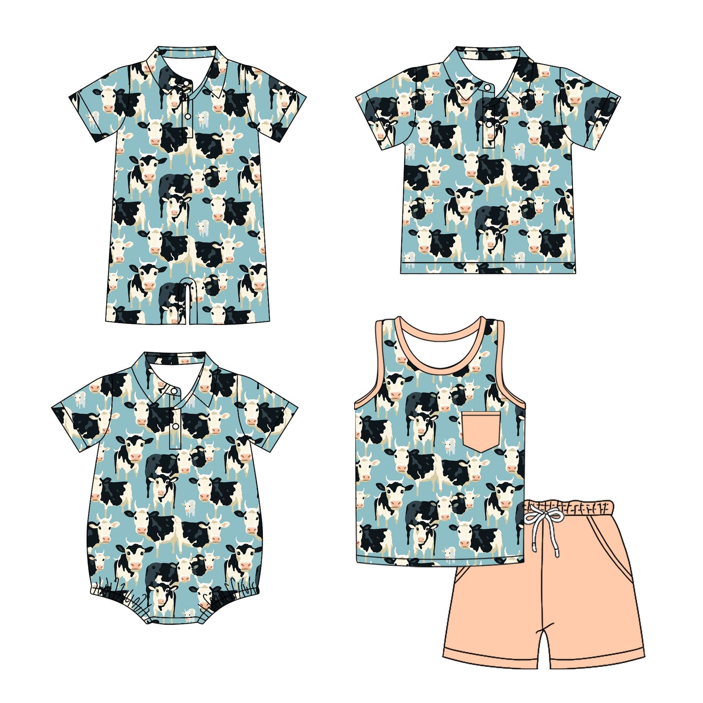 Baby Boy Western Cow Sibling Romper Shirt Set ( Moq 5 Each Style ) 3.14