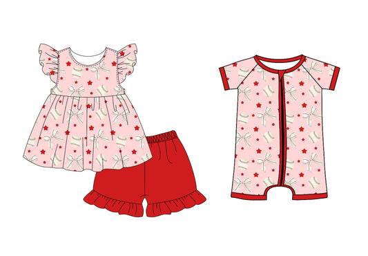 Baby Girl Short Sleeves Bows Baseball Sibling Romper Set ( Moq 5 Each Style ) 2.27