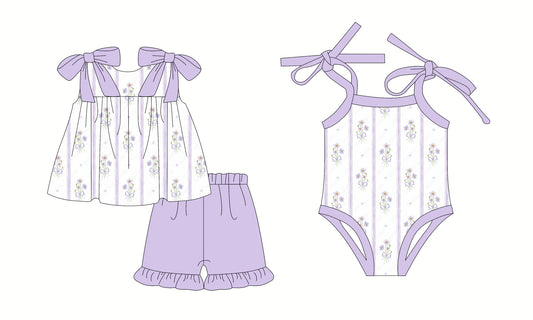 Baby Girl Straps Floral Purple Bows Sibling Summer Romper Set ( Moq 5 Each Style ) 2.24