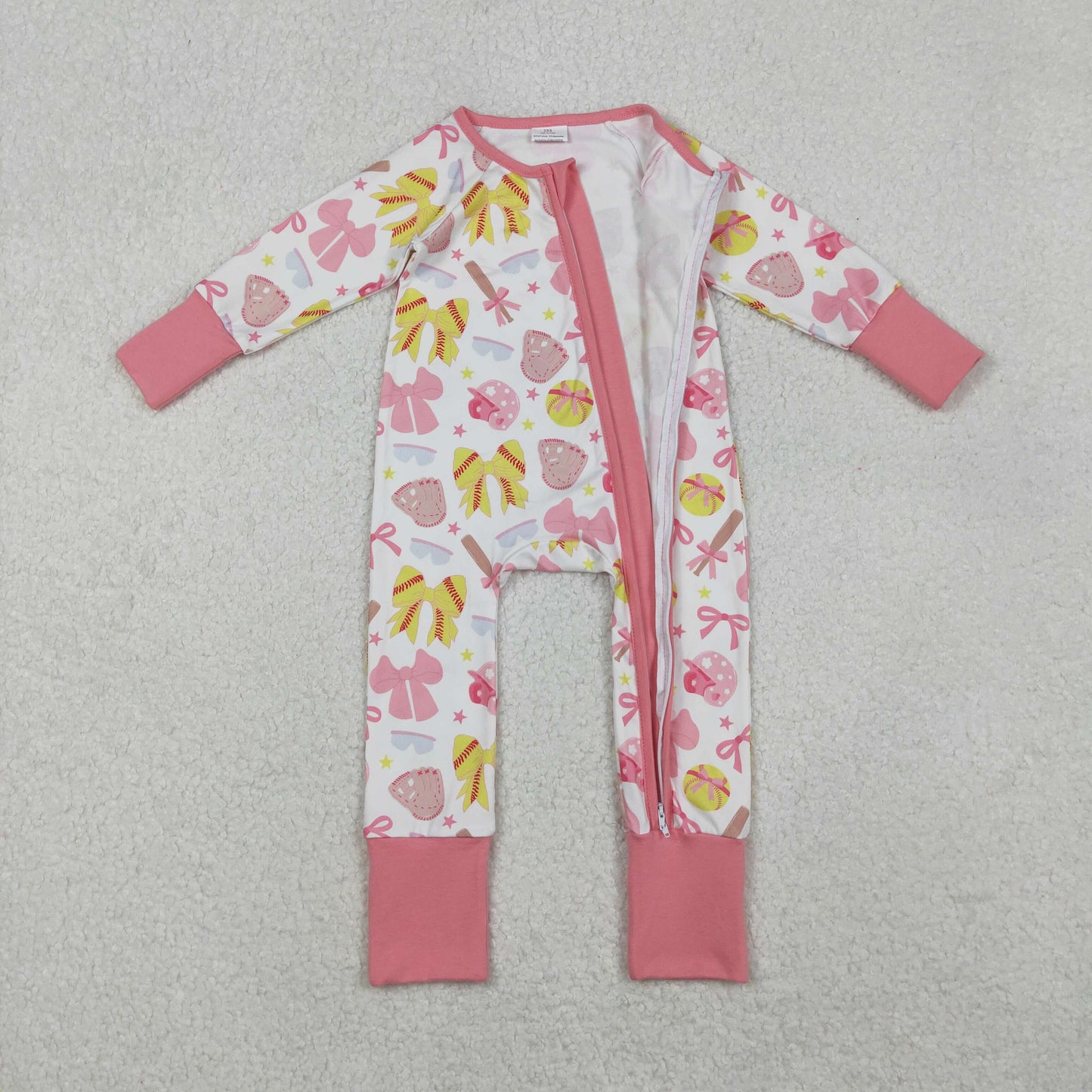 Girls Infant Long Sleeves Softball Bows Zipper Sleeper Romper RTS