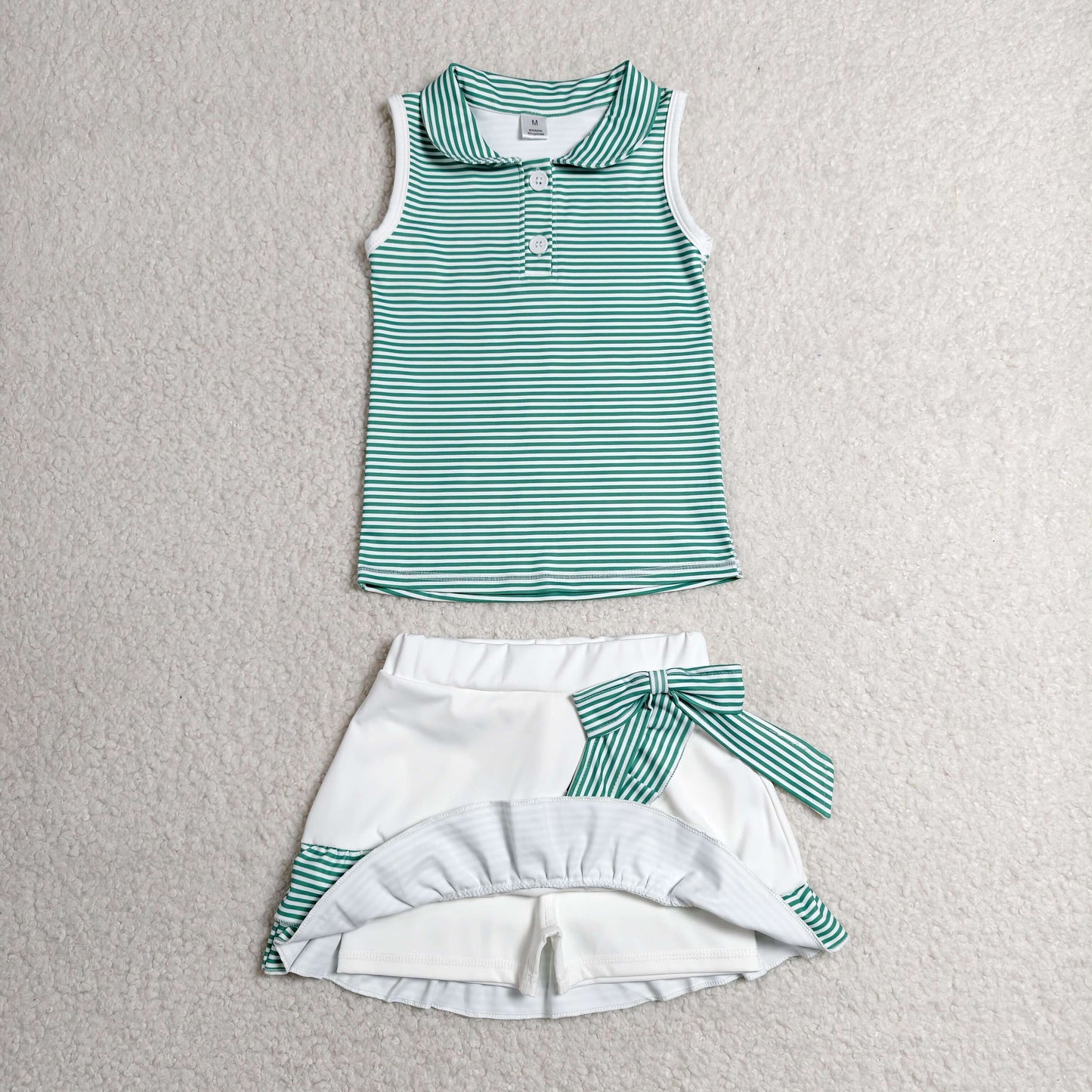 Baby Girls Kids Green Stripes Buttons Shirt Ruffle Skirt Shorts Yoga Active Set Clothes RTS