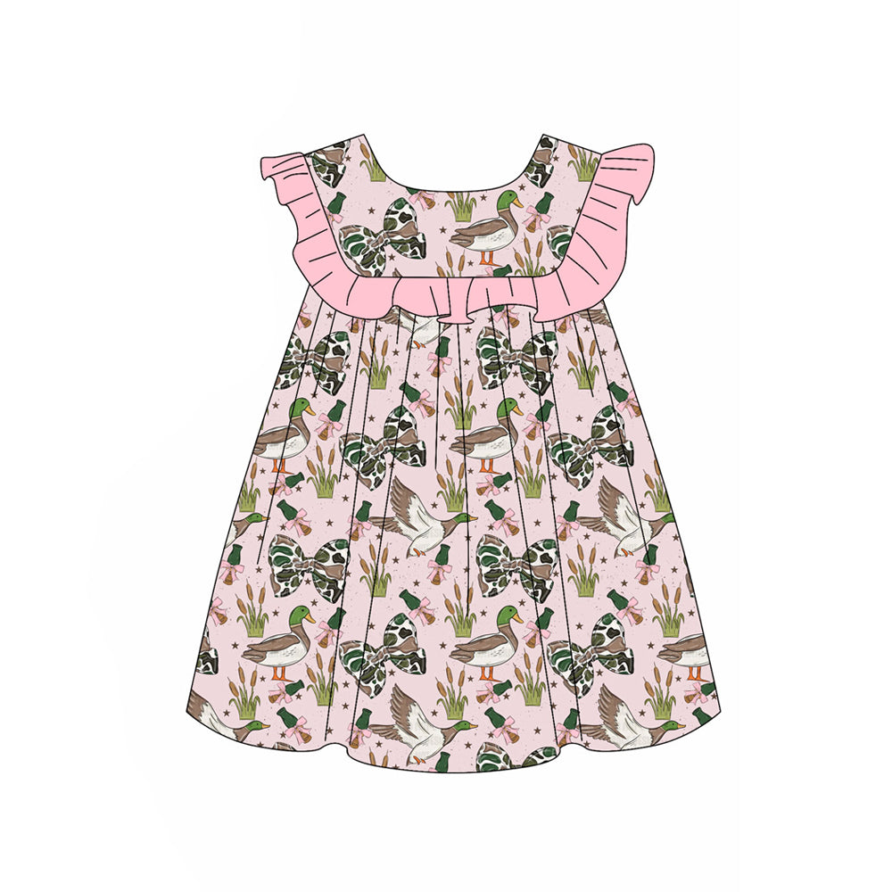 ( Moq 5 ) Preorder Baby Girls Kids Ducks Bows Knee Length Dress Hunting Ruffle Clothes