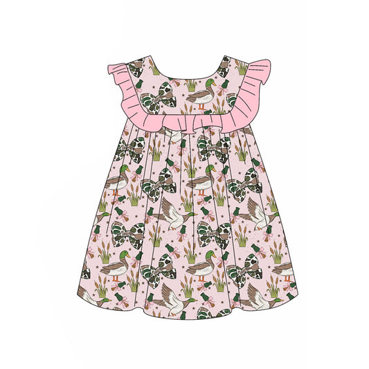 ( Moq 5 ) Preorder Baby Girls Kids Ducks Bows Knee Length Dress Hunting Ruffle Clothes