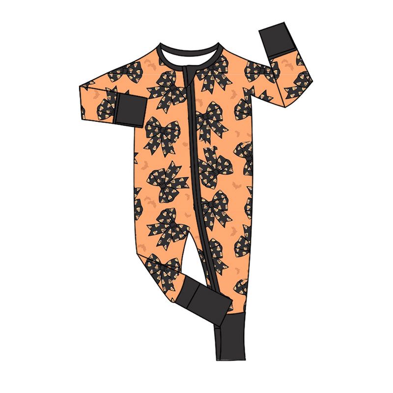 ( Moq 5 ) Preorder Baby Girls Kids Halloween Candy Corn Bows Zipper Sleeper Footie Romper Clothes