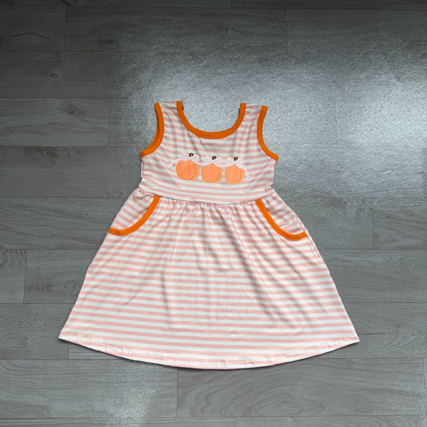 ( No moq ) Preorder Baby Girls Kids Embroidery Pumpkins Bows Stripes Pockets Dress Fall Clothe