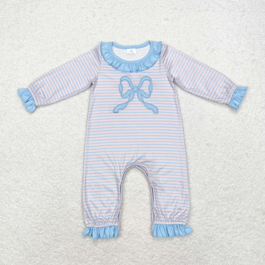 Baby Girl Long Sleeves Stripes Embroidery Blue Bow Romper
