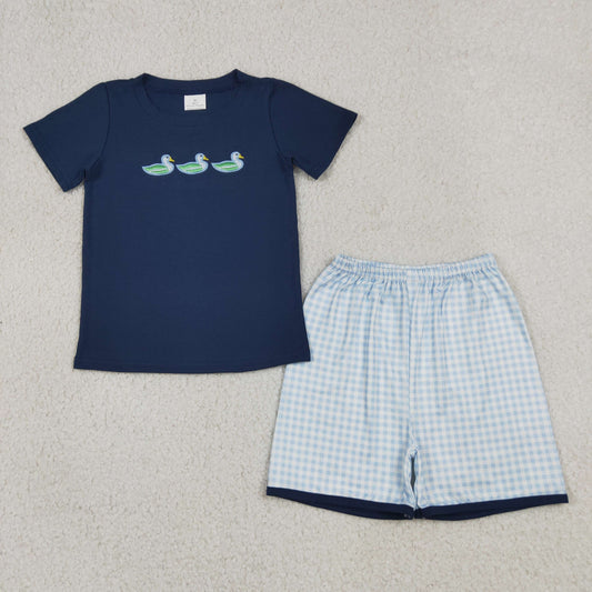 Baby Boys Kids Short Sleeves Embroidery Ducks Shirt Blue Plaid Shorts Summer Set RTS