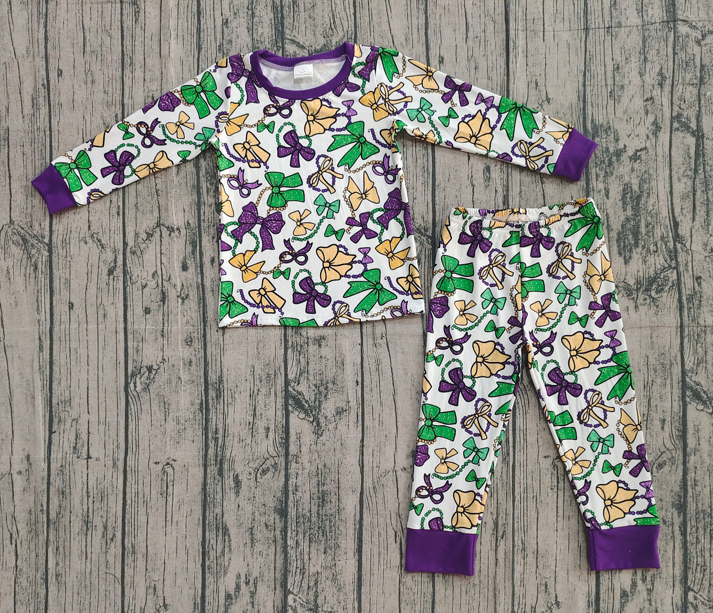 Girls Kids Long Sleeves Mardi Gras Bows Shirt Pants Pajamas Set RTS