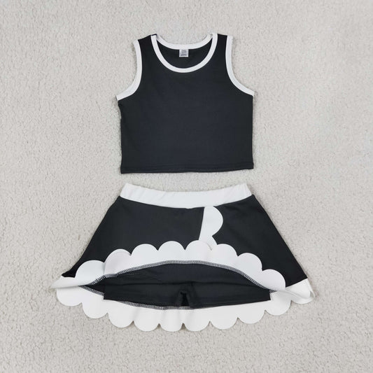 Baby Girls Kids Black Tops Scallop Skirt Shorts Yoga Active Set Clothes RTS