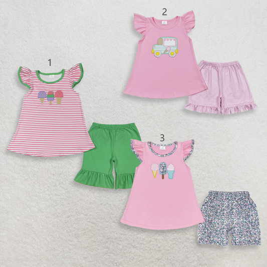 Sibling Baby Girls Kids Short Sleeves Embroidery Popsicle Tops Shorts Sets Summer Clothes RTS