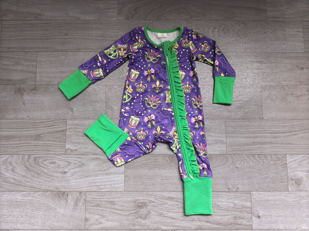 ( No moq ) Preorder Baby Girls Kids Masks Bows Mardi Gras Zipper Footie Sleeper Romper Clothes