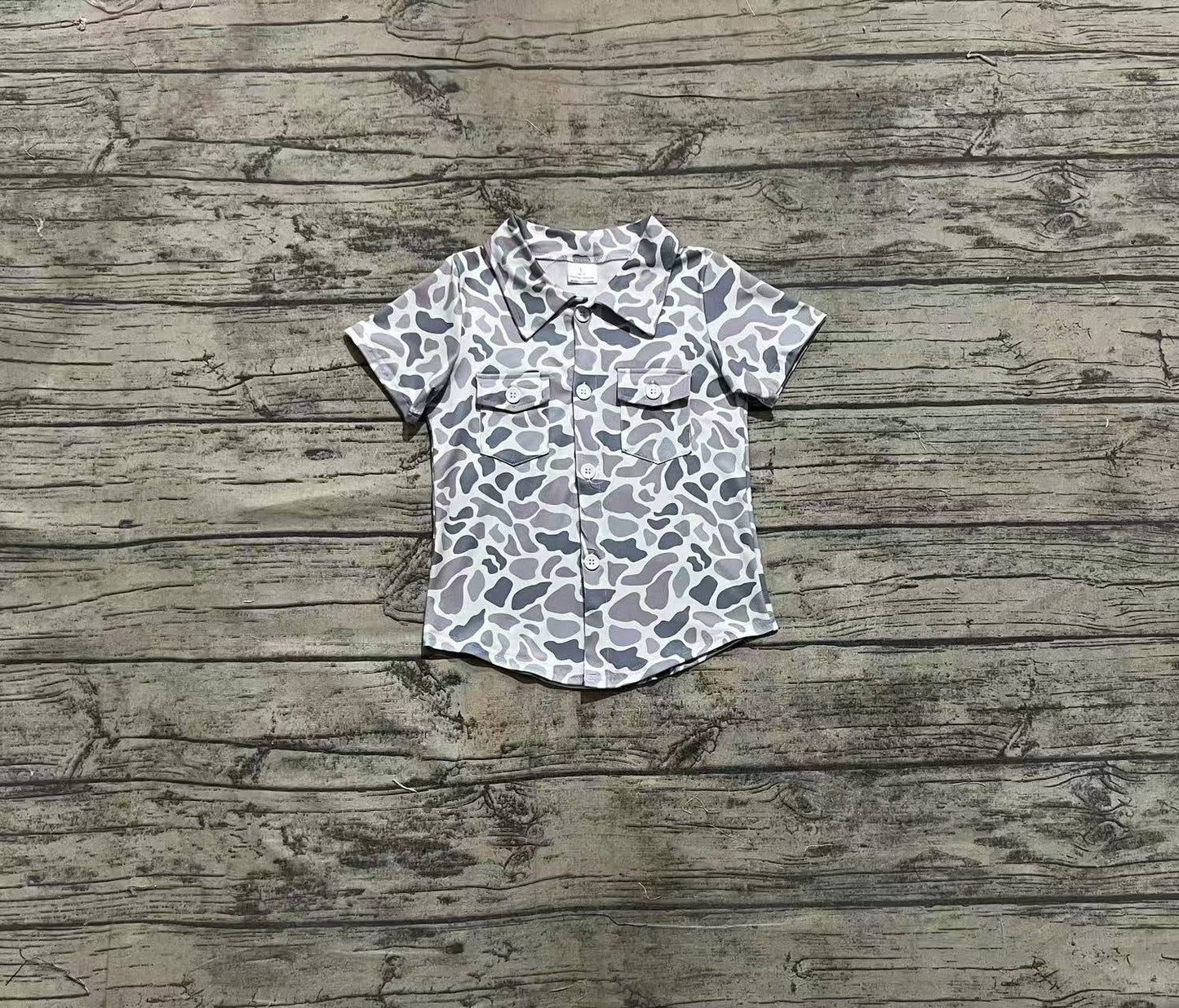 Baby Boy Short Sleeves Gray Camo Buttons Pocket Shirt Tops RTS