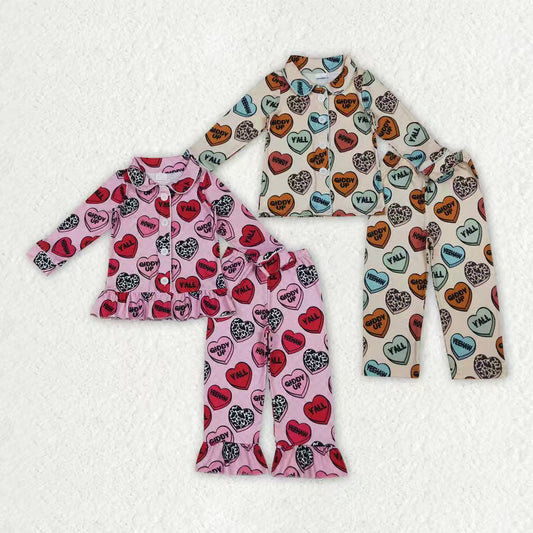 Sibling Boys Girls Kids Long Sleeves Hearts Buttons Shirt Pants Valentine's Day Pajamas Clothes Set RTS