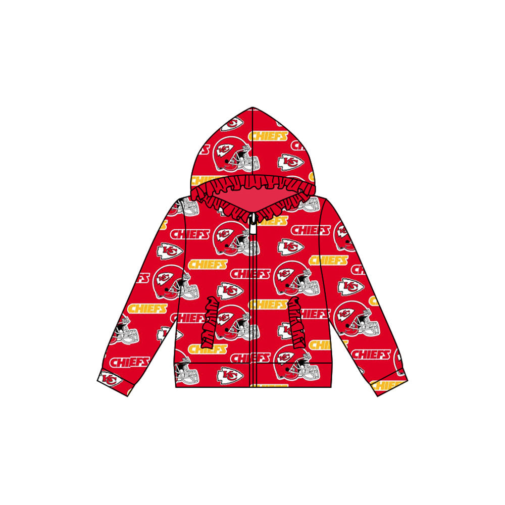 Baby Girl Long Sleeves Team Red Ruffle Hooded Zipper Pocket Coat Shirt Tops Moq 5