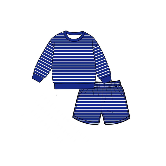 ( Moq 5 ) Preorder Baby Girls Kids Long Sleeves Shirt Shorts Blue Stripes Set Yoga Active Clothes
