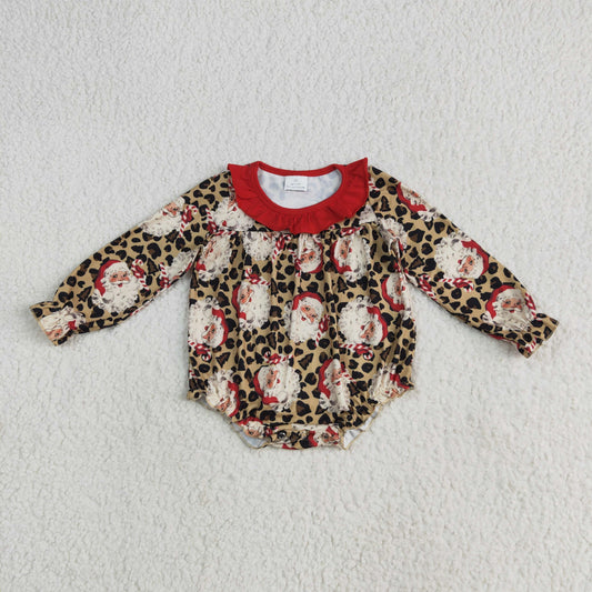 Baby Girl Long Sleeves Leopard Santa Christmas Ruffle Romper RTS