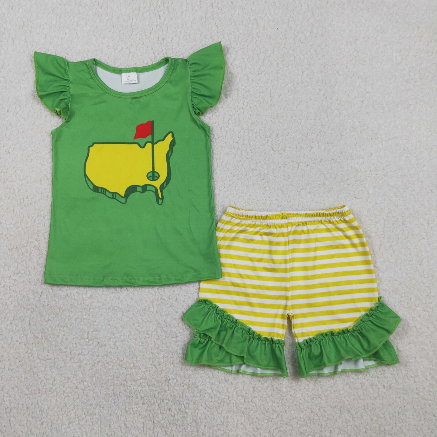 Baby Girls Green Short Sleeves Golf Shirt Plaid Ruffle Shorts Clothes Set RTS