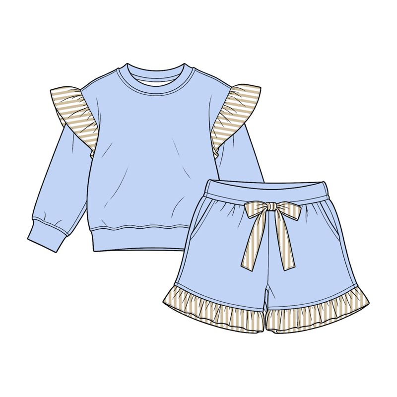 ( Moq 5 ) Preorder Baby Girls Kids Long Sleeves Tops Pockets Shorts Cotton Set Blue Clothes