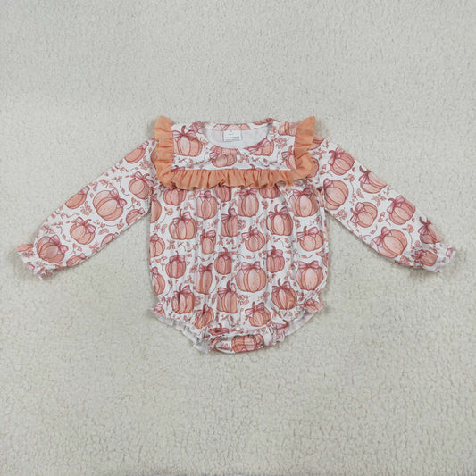 Baby Girl Long Sleeves Bows Pumpkins Ruffle Bubble Fall Romper RTS