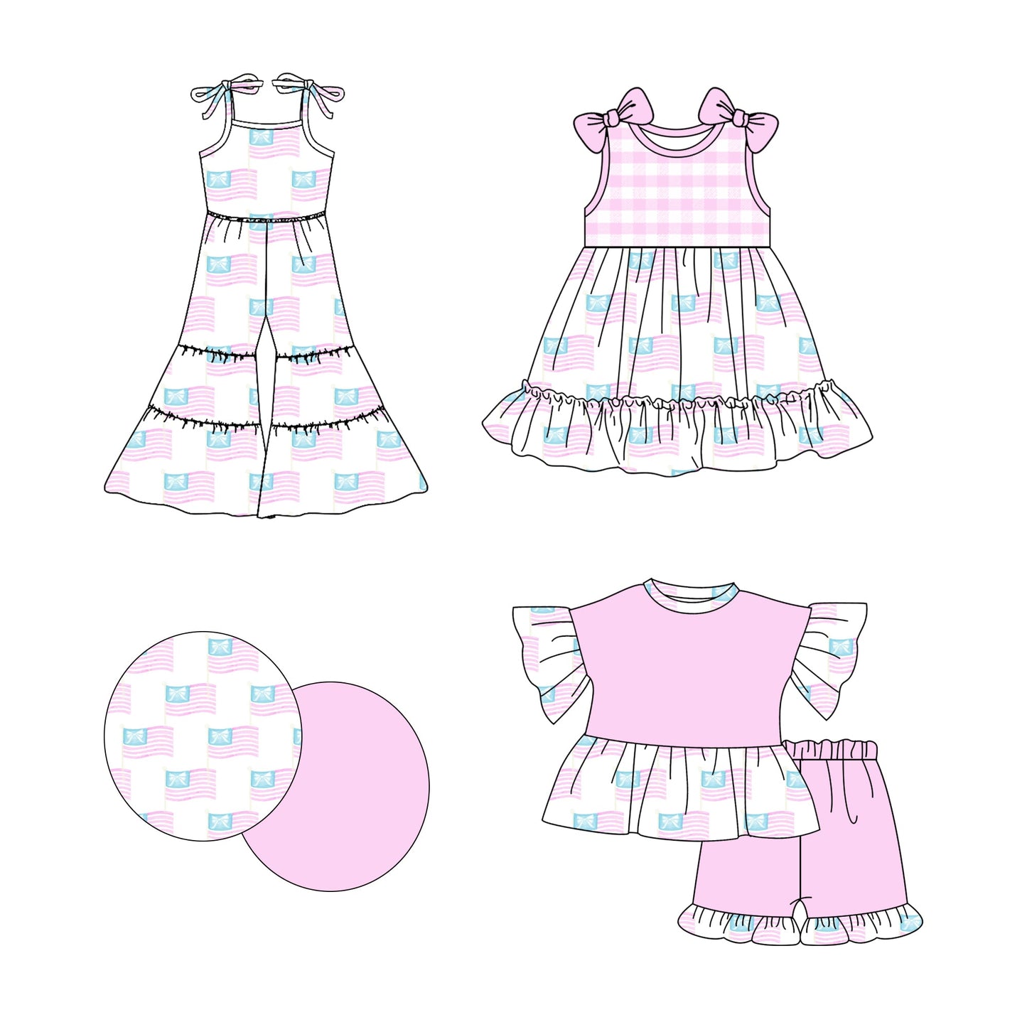 Baby Girl July 4th Flags Bows Sibling Jumpsuit Dress Set ( Moq 5 Each Style ) 2.22