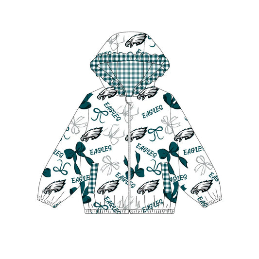 ( Moq 5 ) Baby Girls Kids Long Sleeves Green Bows Cheer Pockets Hoodie Zipper Jacket Tops