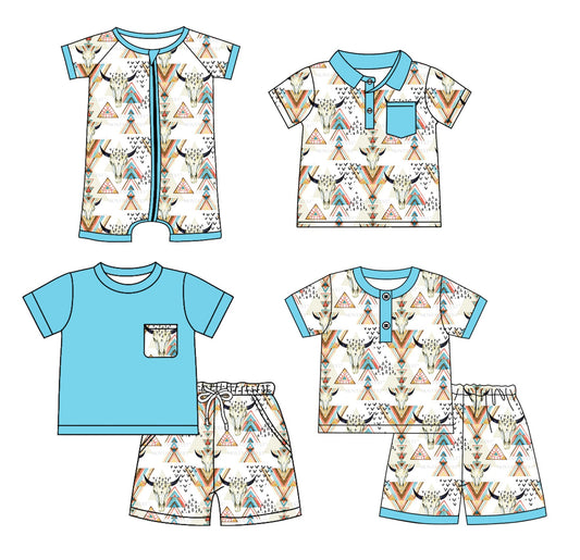 Baby Boy Short Sleeves Western Cow Aztec Sibling Romper Shirt Set ( Moq 5 Each Style ) 3.19