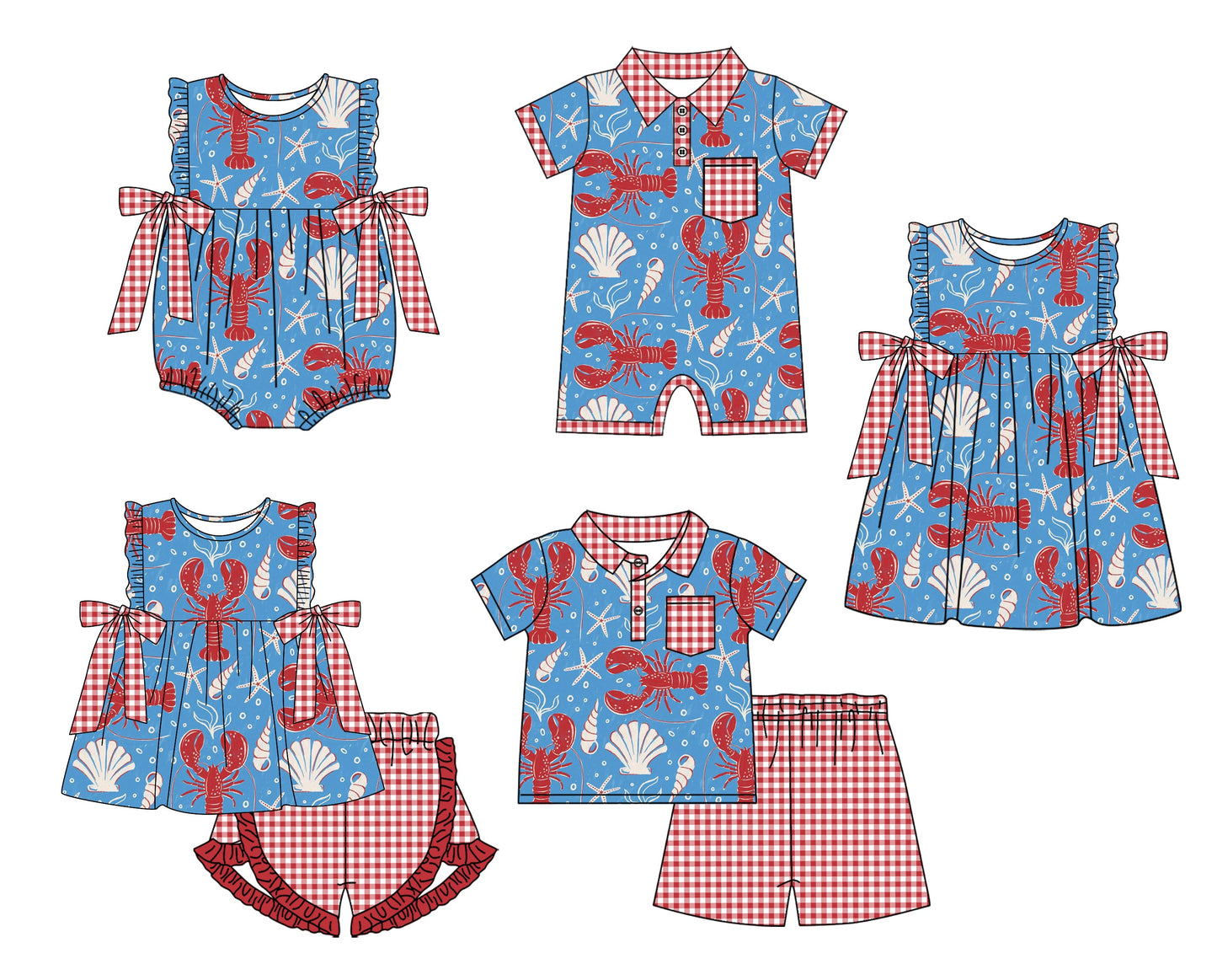 Baby Boy Girl Crawfish Checked Sibling Romper Dress Set ( Moq 5 Each Style ) 2.15