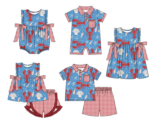 Baby Boy Girl Crawfish Checked Sibling Romper Dress Set ( Moq 5 Each Style ) 2.15