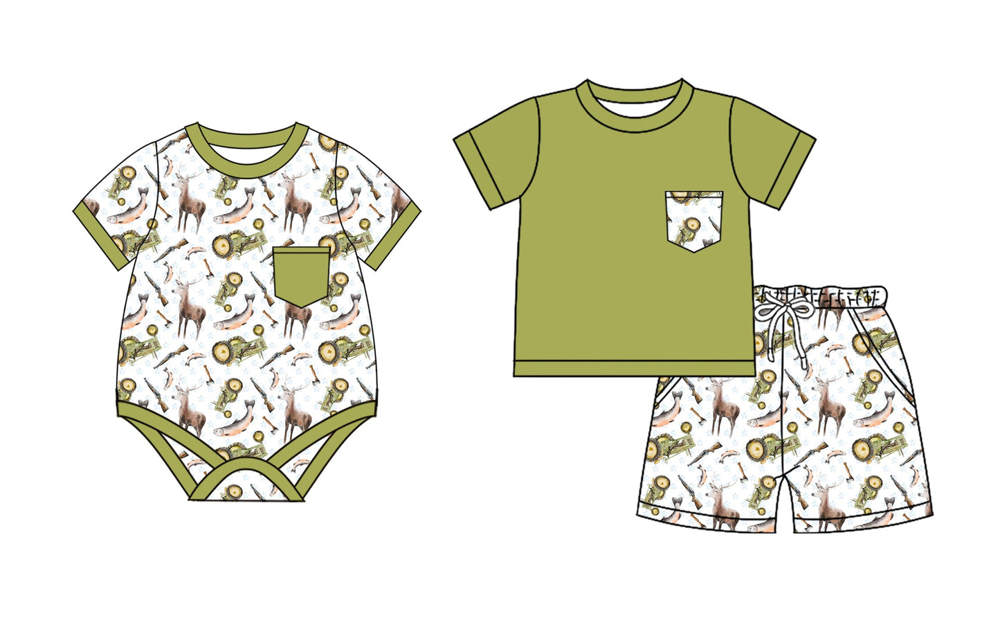 Baby Boy Short Sleeves Fishing Deer Tractors Hunting Sibling Romper Set ( Moq 5 Each Style ) 2.8