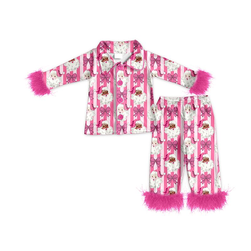 ( Moq 5 ) Preorder Baby Girls Kids Fur Christmas Santa Bows Stripes Buttons Shirt Pants Fall Pajamas Set Clothes