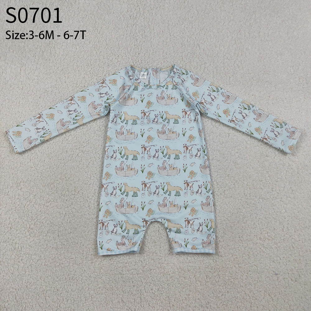 Baby Boys Kids Long Sleeves Dogs Zipper Blue One-piece Swimsuit RTS