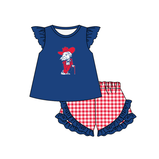 Baby Girl Blue Short Sleeves Old Man Team Tunic Checked Ruffle Shorts Clothes Set ( Moq 5 )