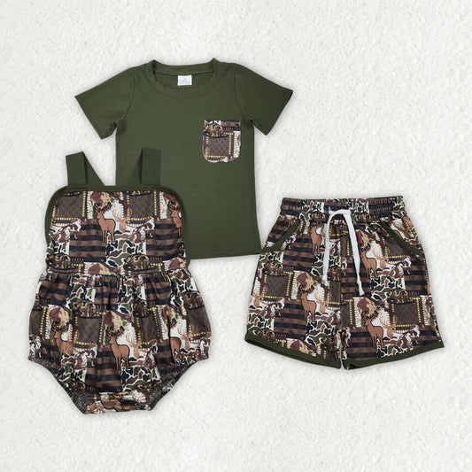 Sibling Baby Boys Kids Deer Hats Camo Shirt Pockets Shorts Set Romper Hunting Clothes RTS