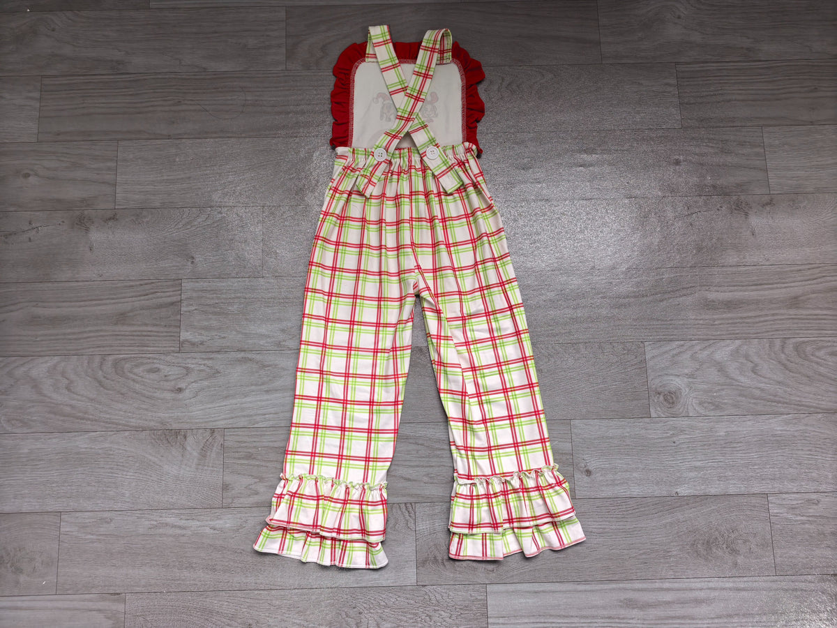 ( No moq ) Preorder Baby Girl Kids Christmas Green Face Plaid Ruffle Pants Jumpsuit Clothes