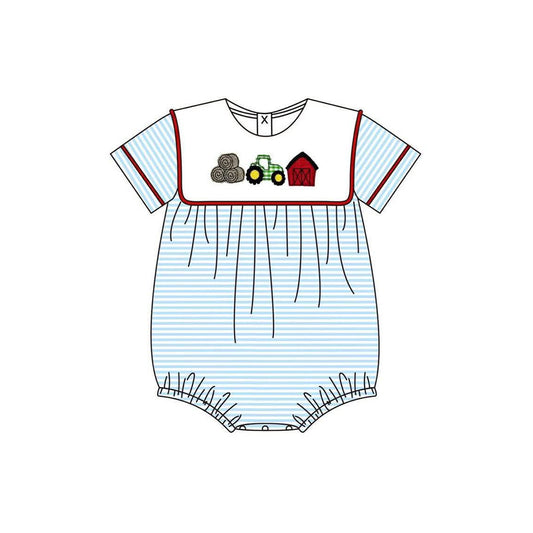 ( Moq 5 ) Preorder Baby Boys Kids Short Sleeves Tractor Farm Blue Stripes Bubble Romper
