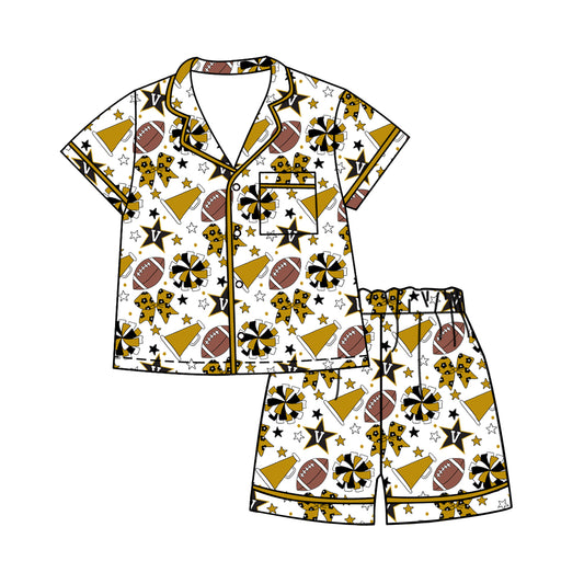 ( Moq 5 ) Baby Girls Kids Short Sleeves Cheer Football Bows Shirt Shorts Pajamas Set