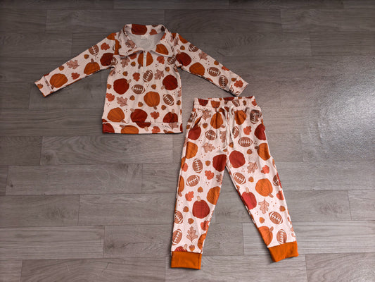 ( No moq ) Preorder Baby Boys Kids Pumpkins Football Zipper Pullover Pockets Pants Set Fall Clothes