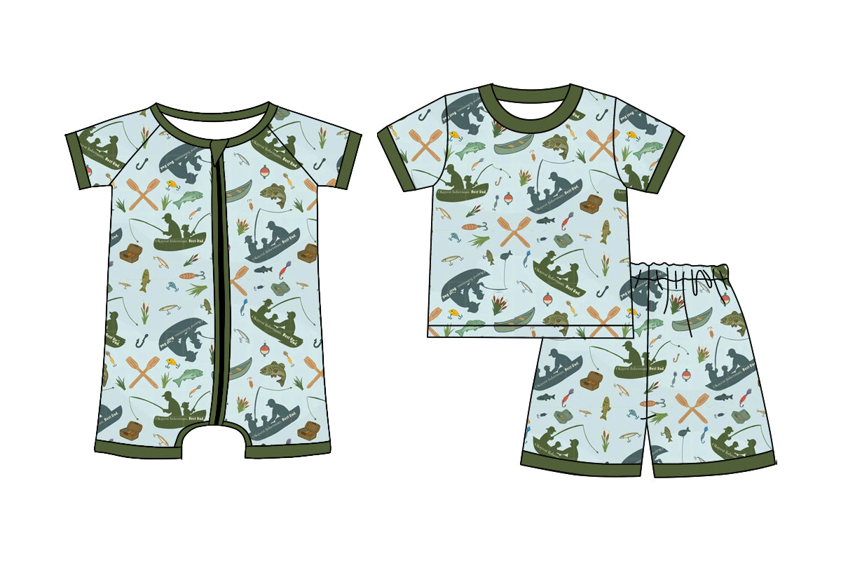( Moq 5 Each Style ) Sibling Baby Boys Kids Fishing Green Shirt Shorts Set Romper