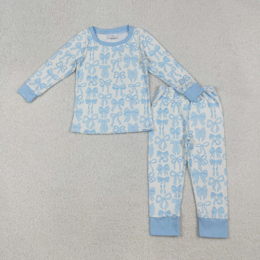 Baby Girl Long Sleeves Blue Bows Shirt Pants Pajamas Clothes Set RTS