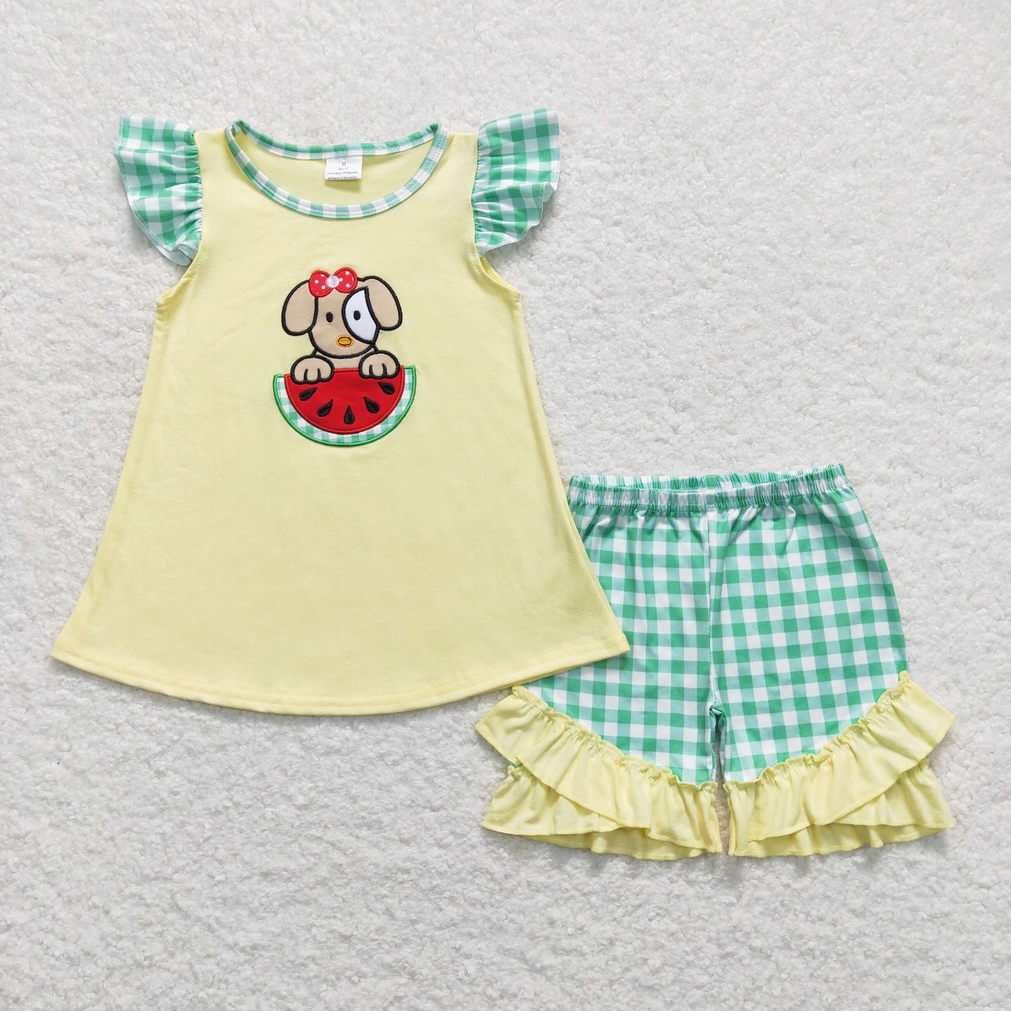 Baby Girl Summer Embroidery Watermelon Dog Yellow Tops Plaid Ruffle Shorts Set