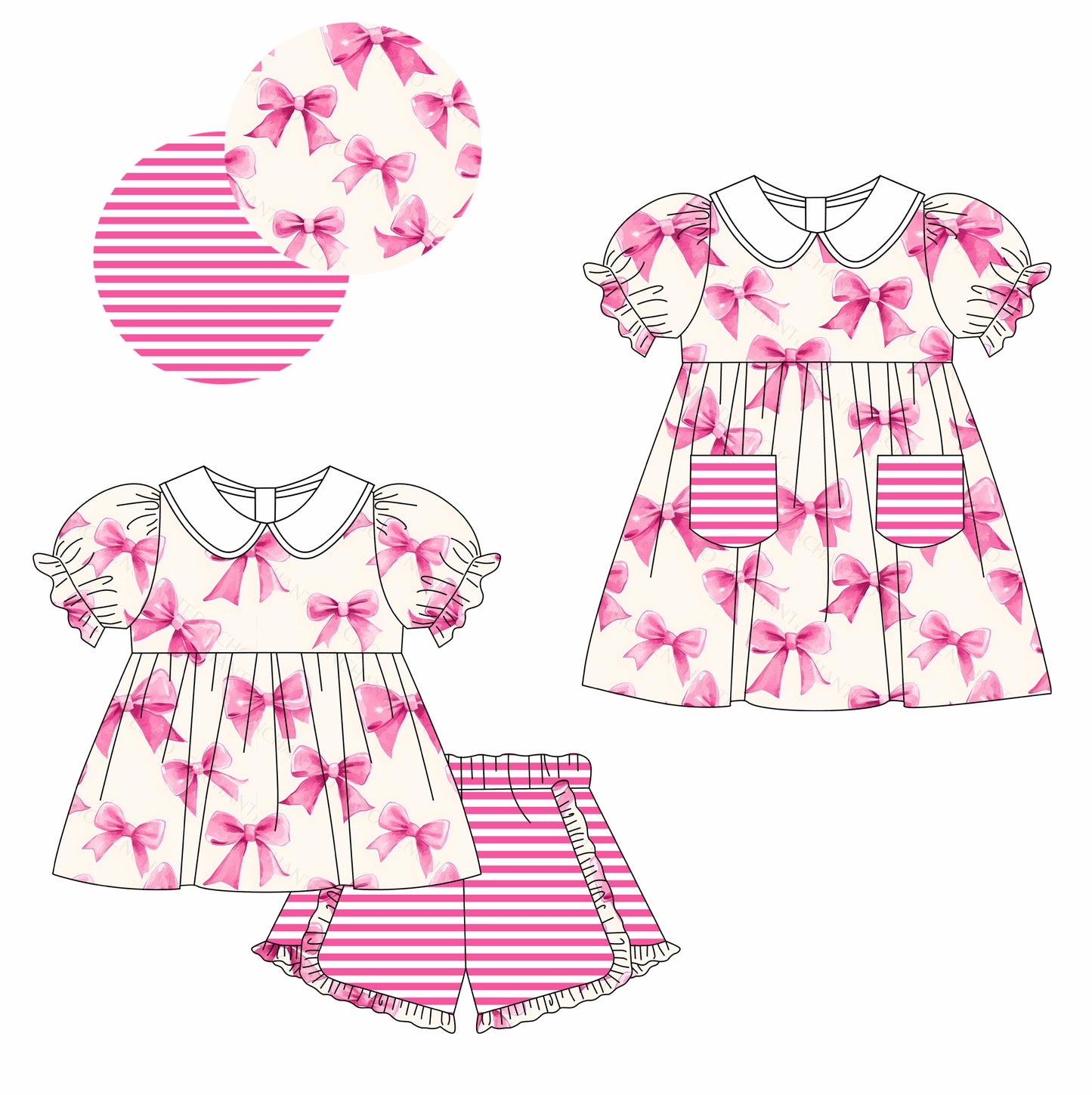 Baby Girl Short Sleeves Bows Sibling Dress Clothes Set ( Moq 5 Each Design )11.22