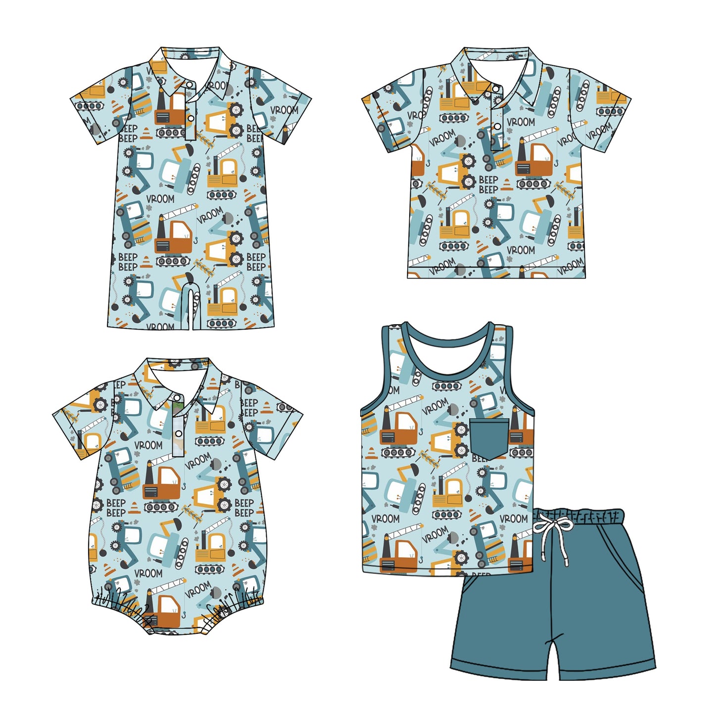Baby Boy Short Sleeves Trucks Sibling Romper Shirt Set ( Moq 5 Each Style ) 3.10