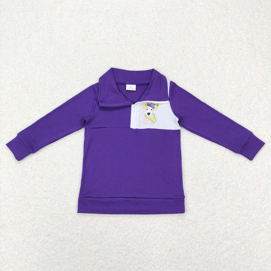 BT0492 Mardi Gras Baby Kids Long Sleeves Dog Zipper Purple Shirt Tops
