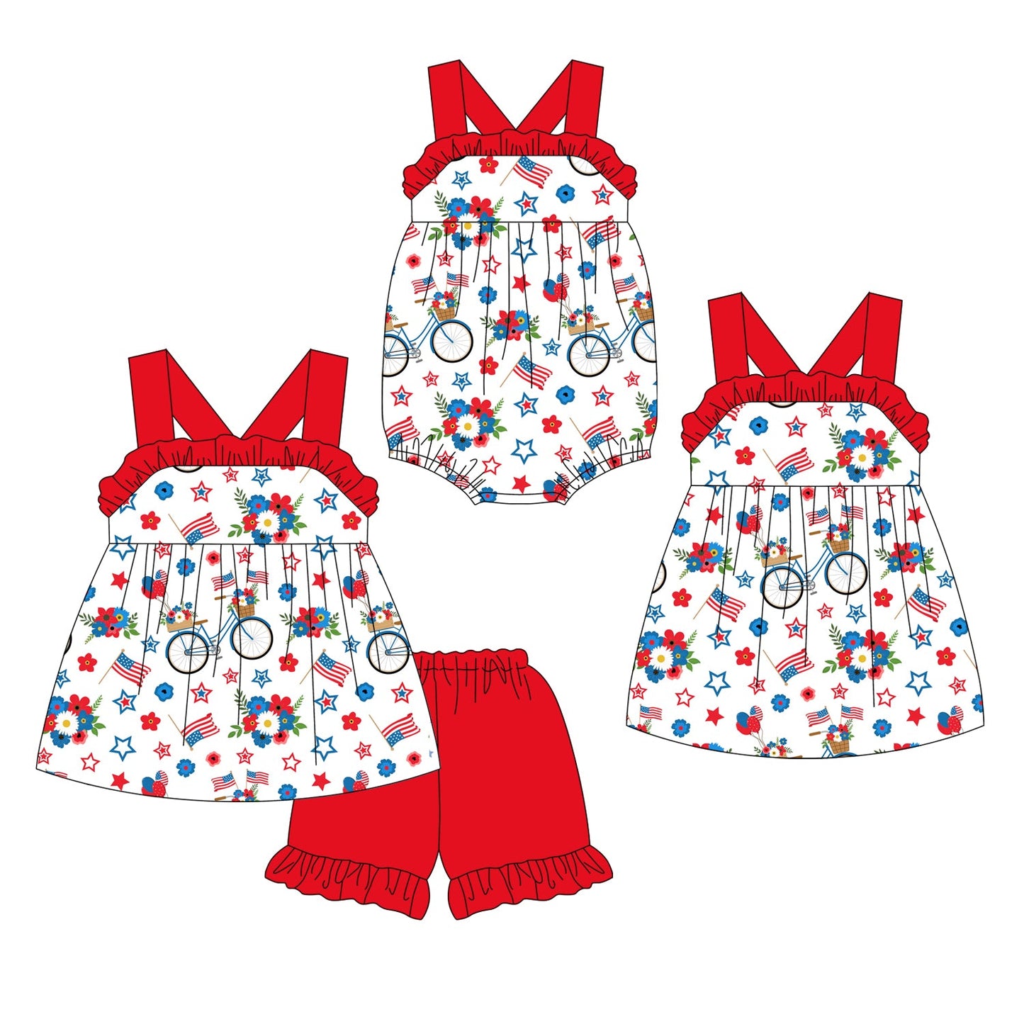 Baby Girl Straps Flags Flower Sibling Romper Dress Set ( Moq 5 Each Design ) 12.13