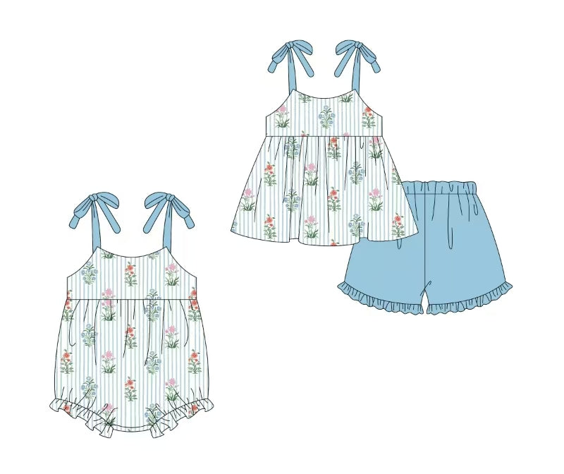 Baby Girl Stripes Flower Blue Sibling Romper Set ( Moq 5 Each Style ) 2.14