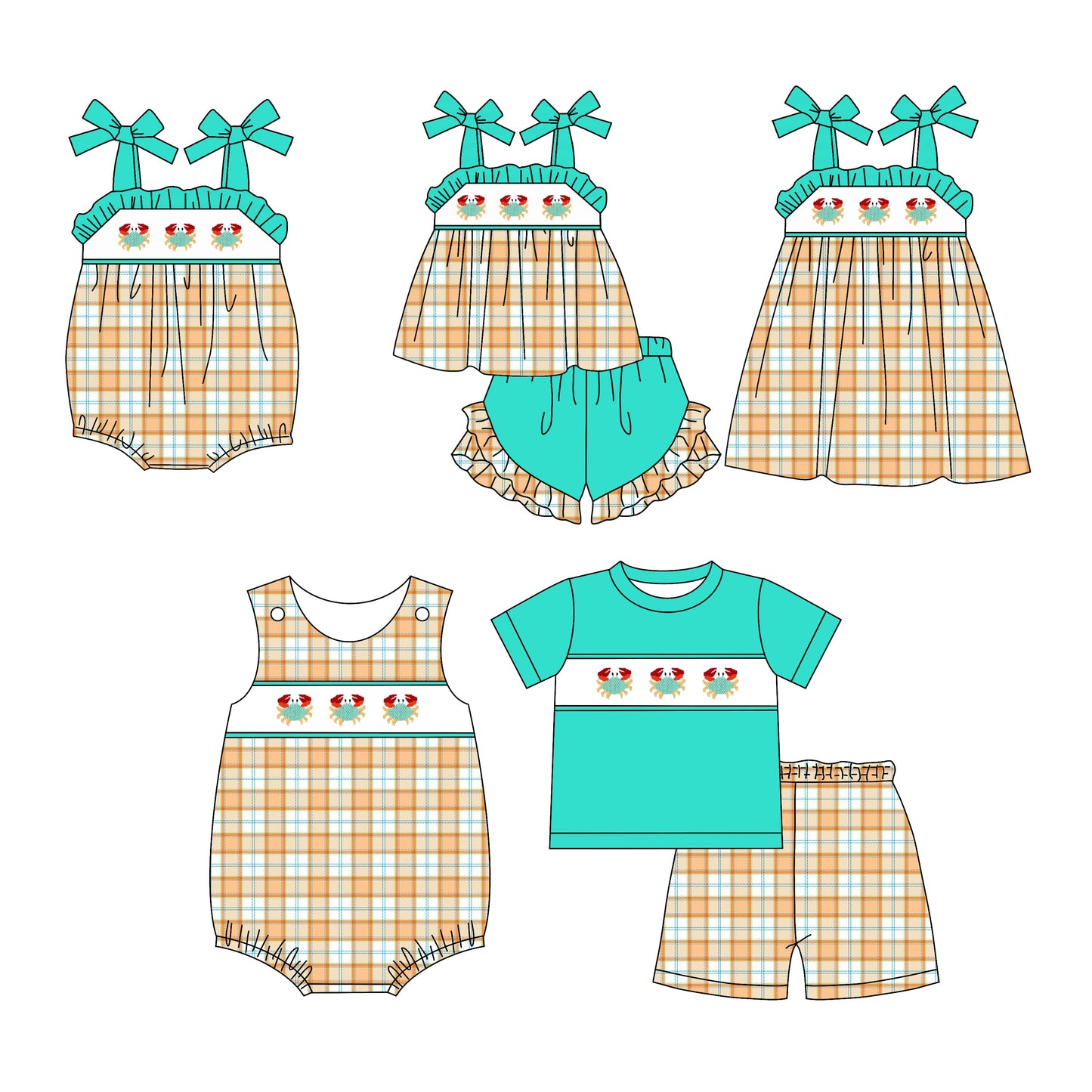 Baby Boy Girl Crabs Checked Sibling Romper Dress Set ( Moq 5 Each Style ) 1.13