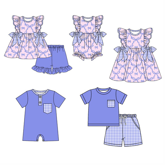 Baby Boy Girl Short Sleeves Bows Plaid Sibling Romper Dress Set ( Moq 5 Each Design ) 12.10